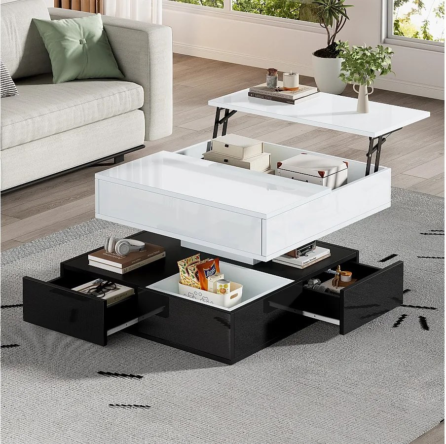 Stolik kawowy z obrotowym blatem 360° - 70 x 70 x 40 cm - dwuwarstwowy z 3 szufladami - płyta wiórowa - biały + czarny