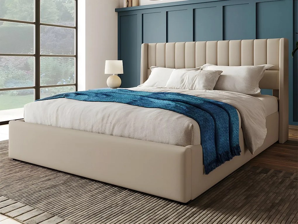 Łóżko tapicerowane 180x200cm z lnu z stelażem na listwach - Beżowe