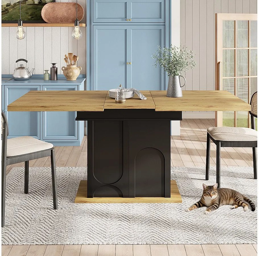 Rozkładany stół jadalny - 110-140 x 80 x 76 cm - dla 4-6 osób - ze schowkiem - MDF - czarny + naturalny