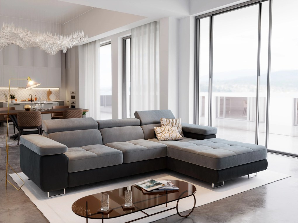Masseno Narożnik ELMA z funkcją spania i pojemnikiem na pościel, Rozkładana sofa - Jasnoszary, MONOLITH 84 + MONOLITH 95