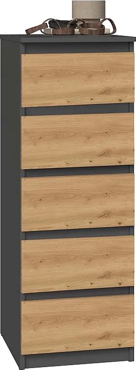 Komoda Malwa W5 | Antracyt/Dąb Artisan | 40x45x111 cm | Komoda z  5 Szufladami