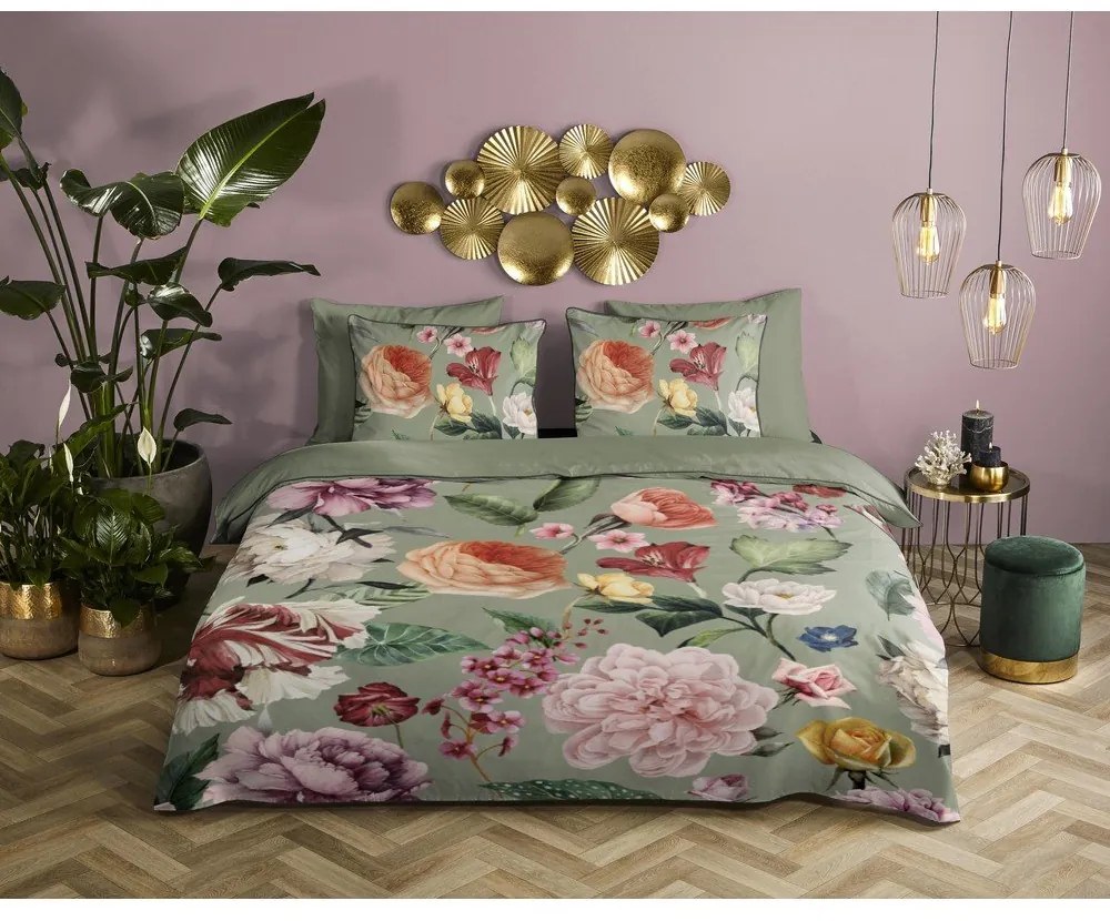 Zielona pościel dwuosobowa z satyny bawełnianej 200x220 cm Fiori – Descanso