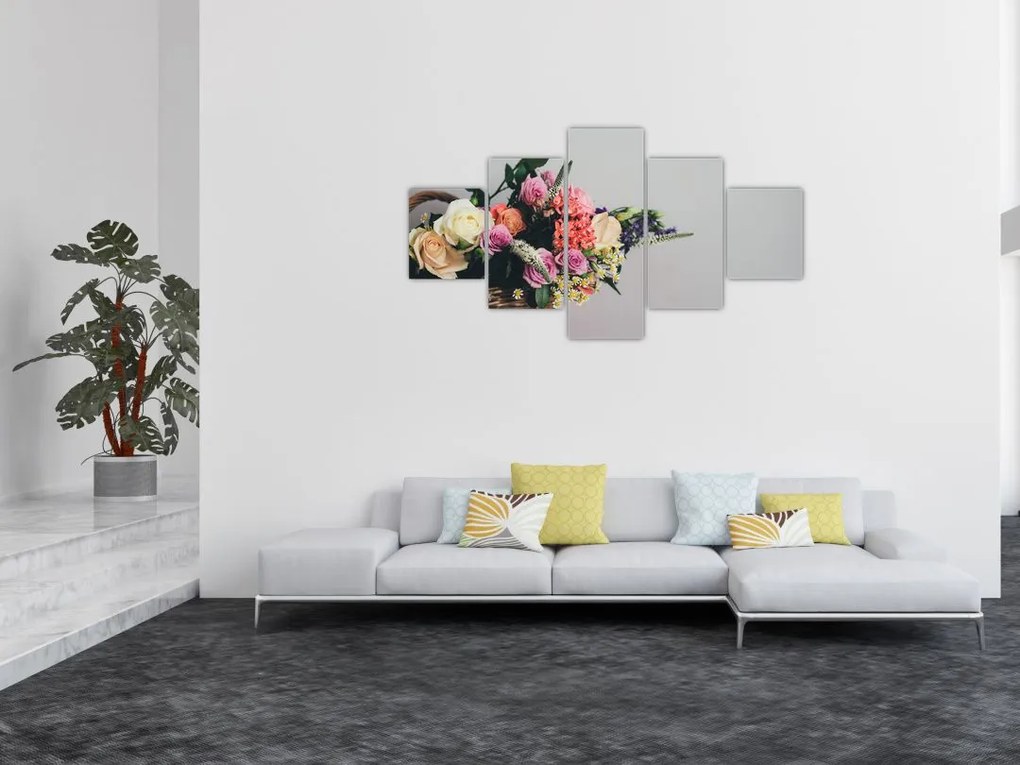 Obraz kosza z kwiatami (125x70 cm)