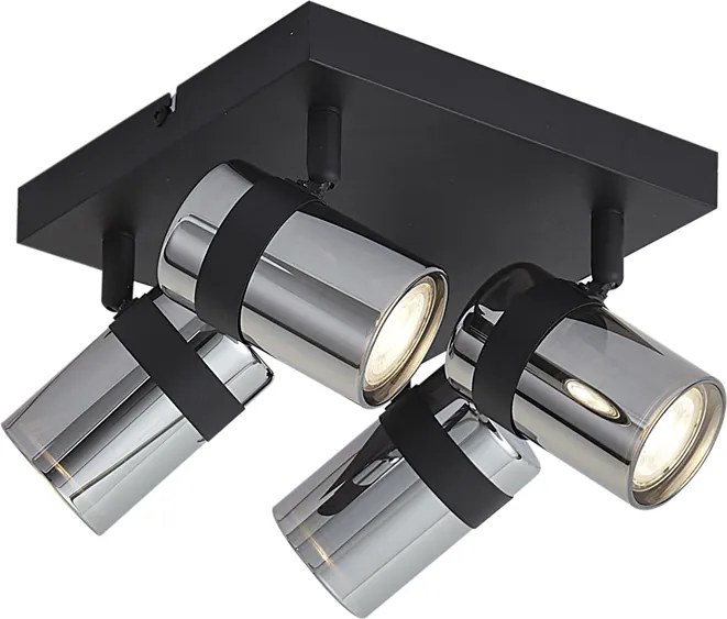 Czarny reflektor sufitowy z przydymionym szkłem, 4-punktowy, obrotowy i przechylny - Gianni