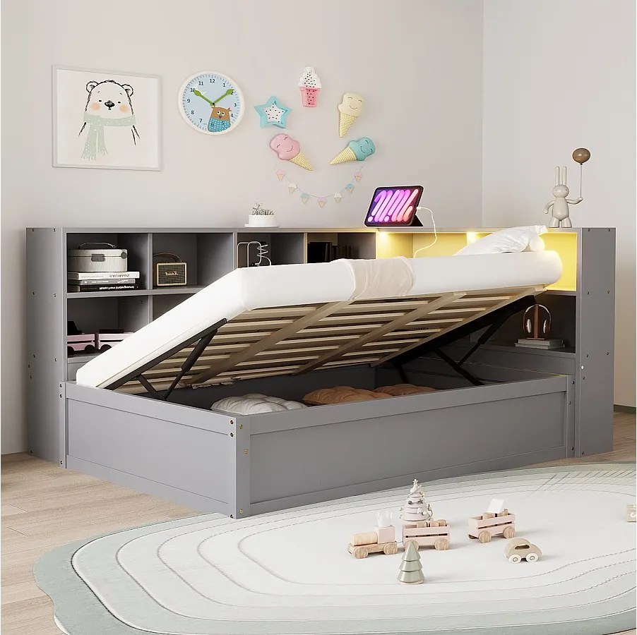 Łóżko dziecięce z pojemnikiem - 90 x 200 cm - z diodami LED + kilka schowków - łóżko hydrauliczne - drewno + MDF - szare