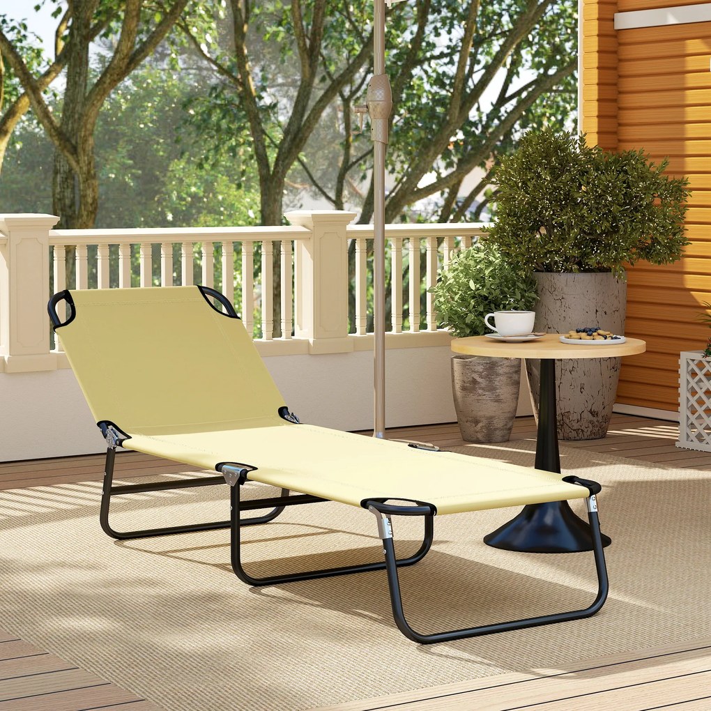 Outsunny Leżanka Plażowa Kremowa Metalowa Regulacja Oparcia 5 Pozycji Szybkoschnąca Tkanina 190x56x28cm | Aosom PL