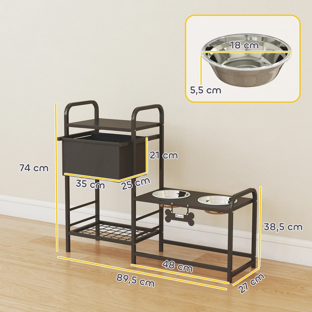 PawHut Podwyższona miska dla psa Regulowana wysokość Miska z miejscem do przechowywania Poidło 2 x 800 ml miski ze stali nierdzewnej 89,5x27x74 cm Czarny | Aosom PL