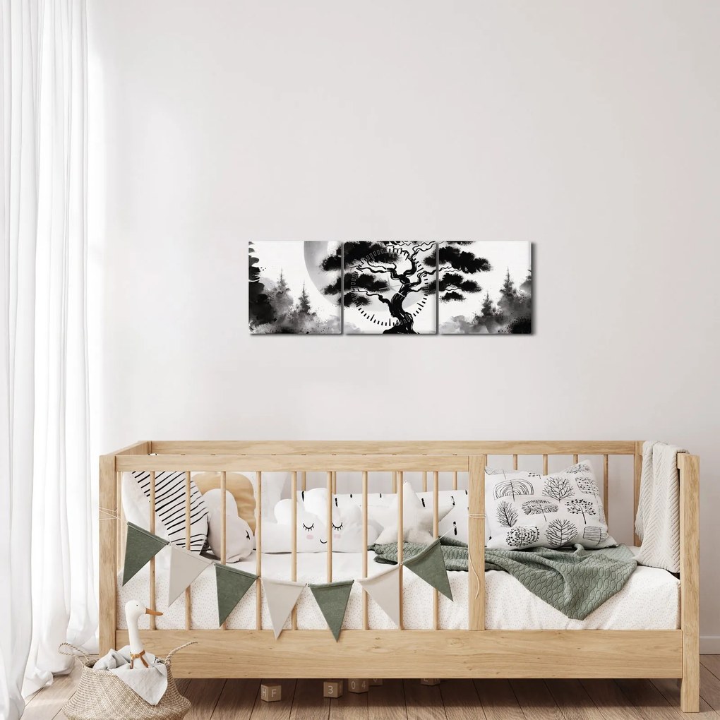 Obraz – Czarno-biały bonsai (z zegarem) (90x30 cm)