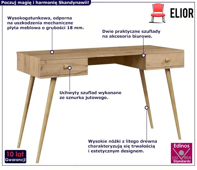 Minimalistyczne biurko z szufladami dąb craft złoty - Tida 13X