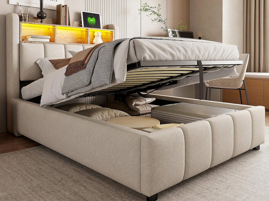 Łóżko z pojemnikiem i tapicerowanym zagłówkiem 90x200 cm - z oświetleniem LED + portem USB - Len - beżowe (bez materaca)