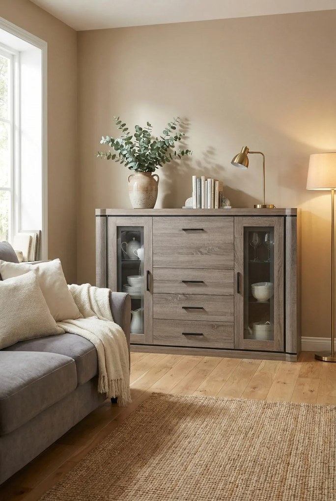 Komoda z witryną i barkiem dąb truflowy P0-W74