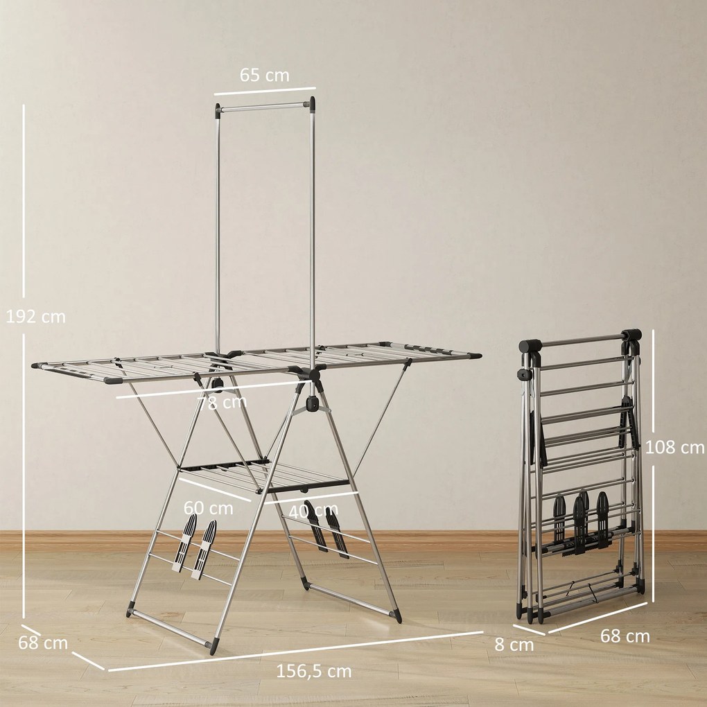 HOMCOM Suszarka na pranie składana stojąca suszarka z regulowanymi skrzydłami, uchwytami na buty, stal nierdzewna, 156,5 x 68 x 192 cm, srebrny