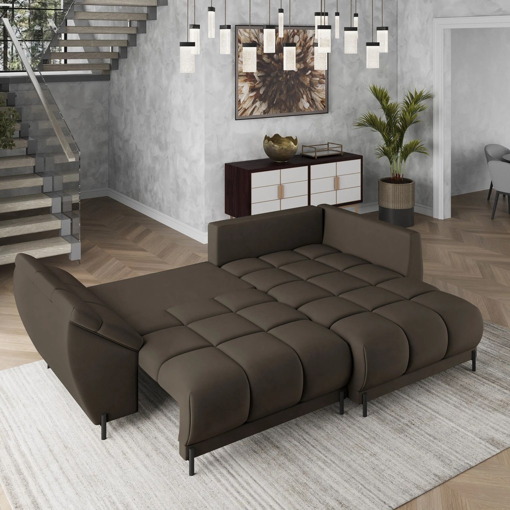 Masseno Narożnik VESTANO z funkcją spania i pojemnikiem na pościel Narozniki L, Rozkładana sofa - Brązowy, MATT VELVET 29