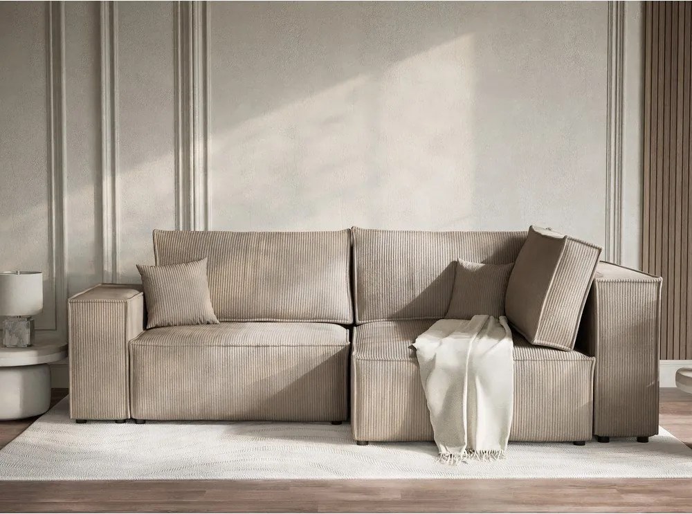 Beżowy sztruksowy rozkładany/ze schowkiem narożnik (prawostronny/w kształcie litery L) Tonga – Maison de Rêve