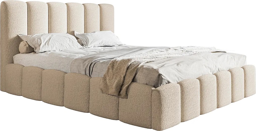 Łóżko dwuosobowe 160x200 Palermo - pojemnik i stelaż metalowy, tkanina boucle, beżowy (Anthology 3)