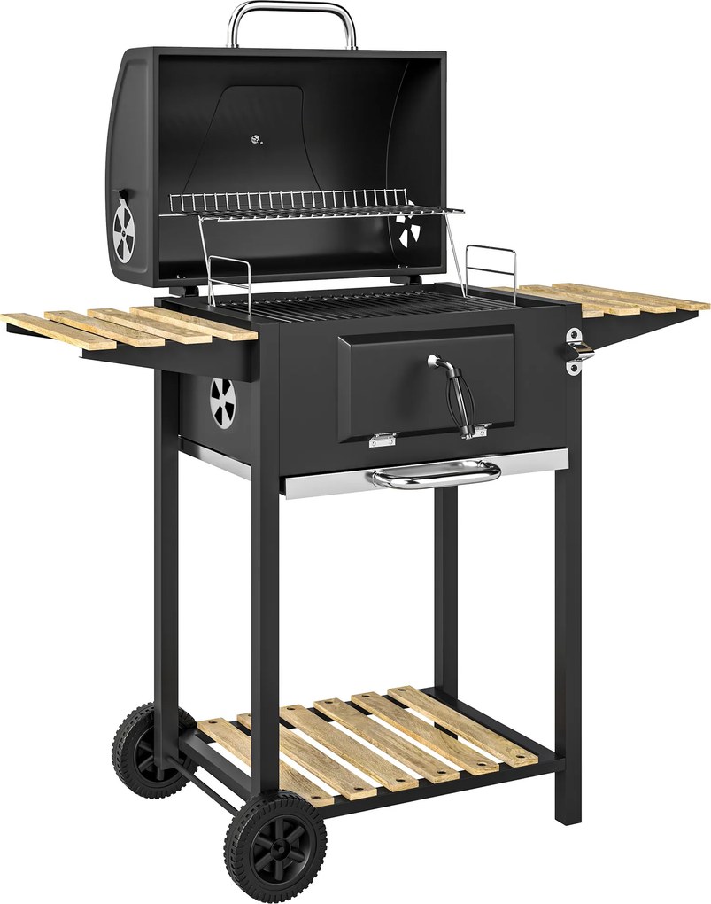 Outsunny Grill węglowy z regulowaną paletą węglową, wózek grillowy, półki, termometr, otwieracz do butelek, stal, drewno, czarny