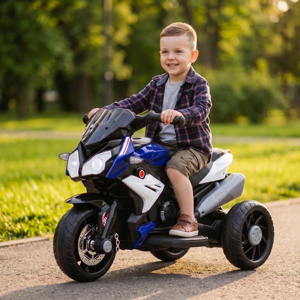 HOMCOM Elektryczny motocykl dla dzieci, z światłami i dźwiękami, 3 km/h, ładowany, plastik i metal, Niebiesko-Czerwony