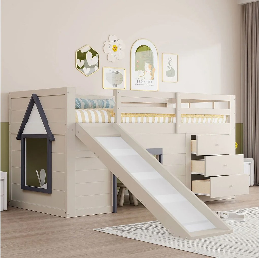 Łóżko piętrowe dla dzieci - 90 x 200 cm - z wysuwaną półką + 3 szuflady + 2 drzwi - płyta MDF + sosna - białe