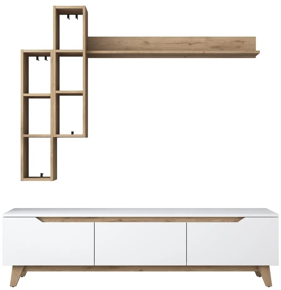 Biały zestaw pod TV w dekorze orzecha 180x49 cm Linh – Kalune Design