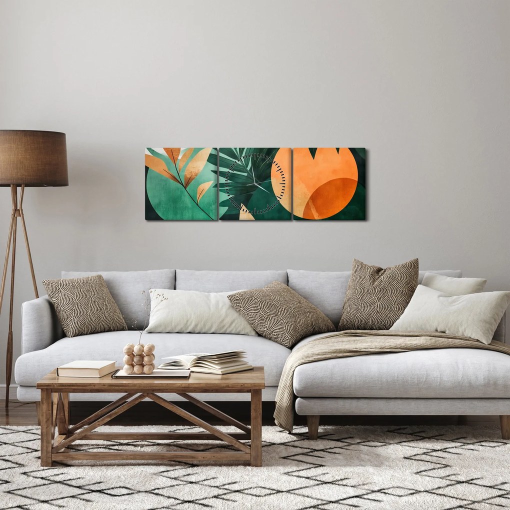 Obraz - Geometryczne motywy naturalne (z zegarem) (90x30 cm)