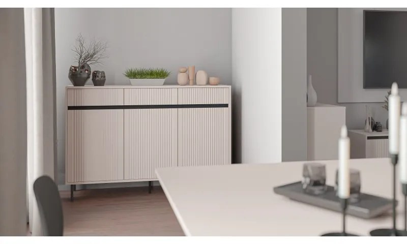 Stylowa komoda kaja 3D z półkami na czarnych nogach lamele do salonu pokoju