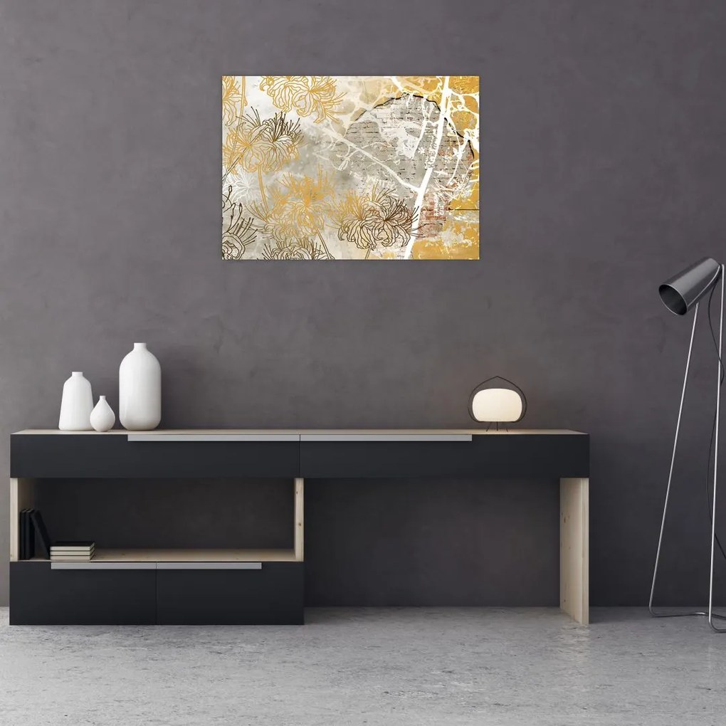 Obraz na szkle - Ściana w stylu vintage z kwiatami (70x50 cm)