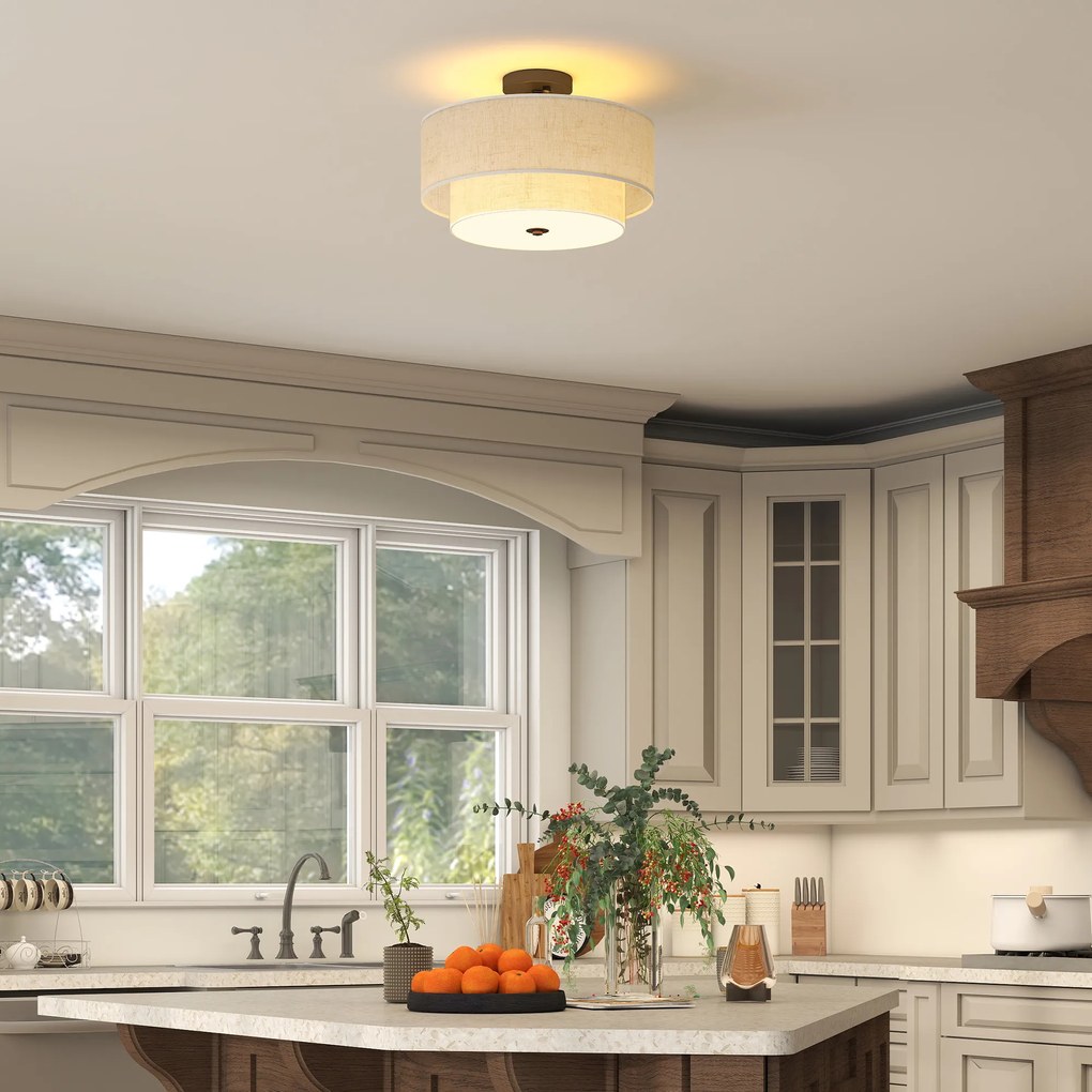 HOMCOM Lampa sufitowa, wisząca lampa z podwójnymi kloszami w lnianym stylu, kremowo-biała