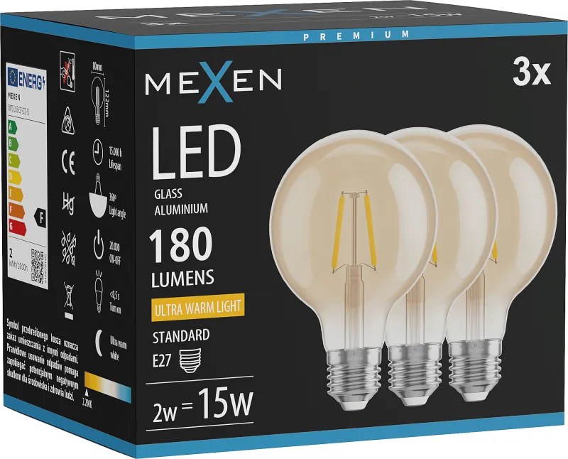 Mexen Vintis 3x żarówka filament LED E27, G80, 2W, Ciepła - 2200K, 180 lm, amber - L155-E27-0222-50x03