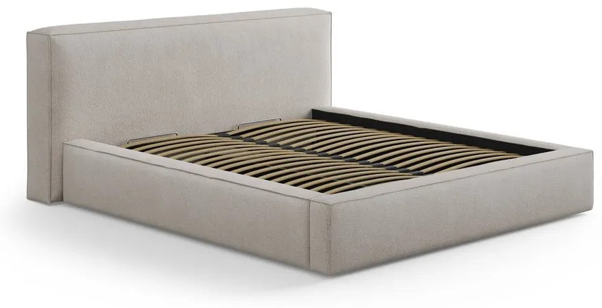 Jasnoszare tapicerowane łóżko dwuosobowe ze schowkiem i stelażem 200x200 cm Simon – Micadoni