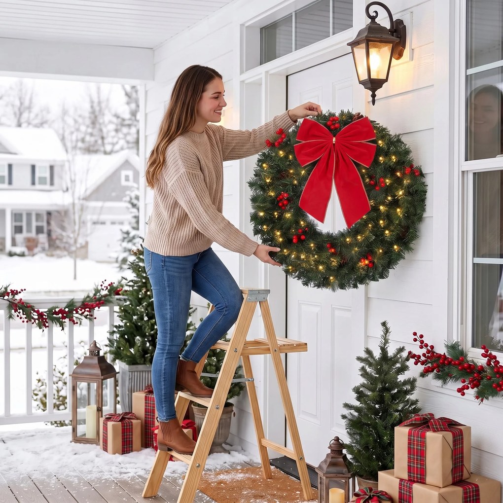 HOMCOM Wieniec świąteczny 61 cm na drzwi ze wzorem Crestwood-świerk, kokarda, 50 LED, 140 końcówek gałązek, 8 trybów świetlnych | Aosom PL