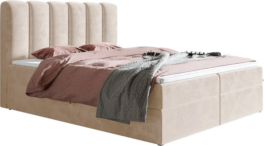 Emporius Rimini łóżko kontynentalne 160x200 z materacem H3 - łóżko dwuosobowe, topper, pojemnik - tkanina aksamitna, beżowy (Amor Velvet 4304)
