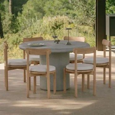 Zestaw Okrągłego Stołu Ø120 Cm Z Cementu Emiria I 6 Krzeseł Ogrodowych Z Drewna Akacjowego Nualis Sand Grey - Sklum