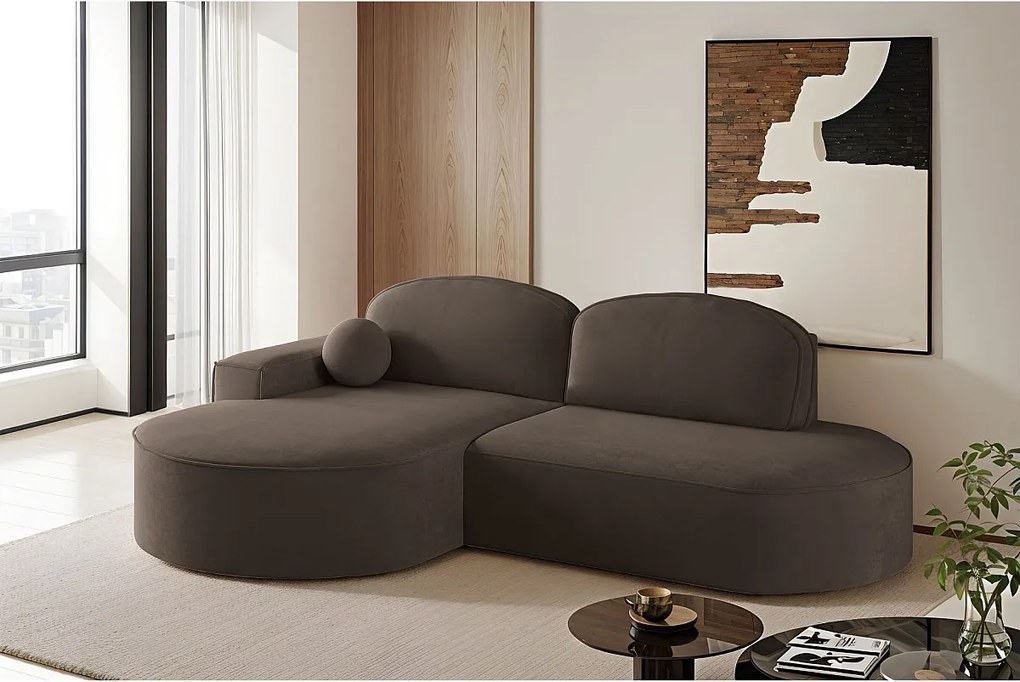 Narożnik z funkcją spania i pojemnikiem Modena Runden, tkanina Salvador, Ciemnobrązowy, Lewy