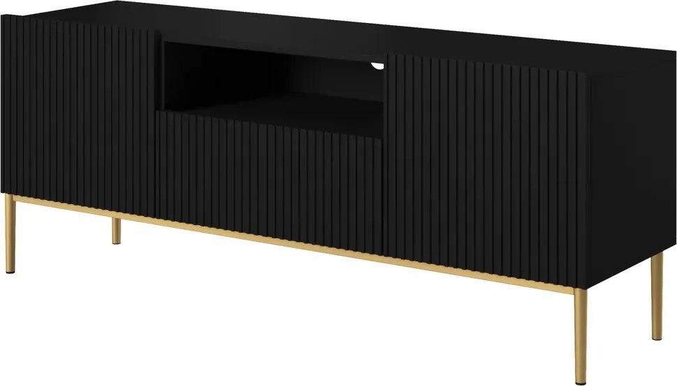 Szafka RTV Nicole 150 cm z szufladą i wnęką - czarny mat / złote nóżki