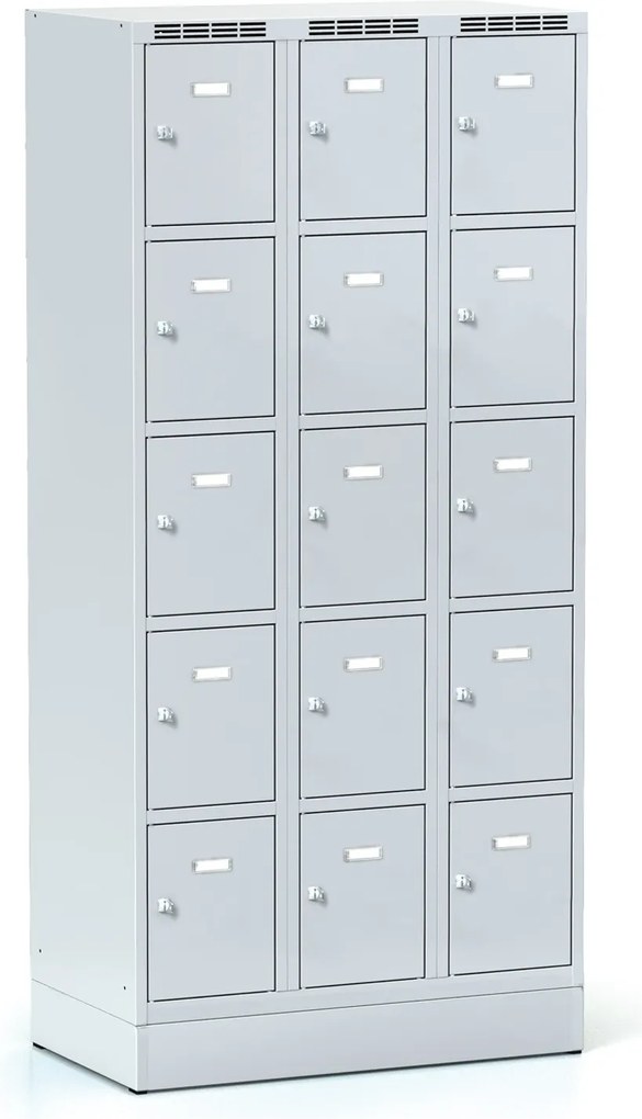 Szafka skrytkowa S6 na cokole, 15 schowków, 1920 x 900 x 500 mm, zamek obrotowy, drzwi szare