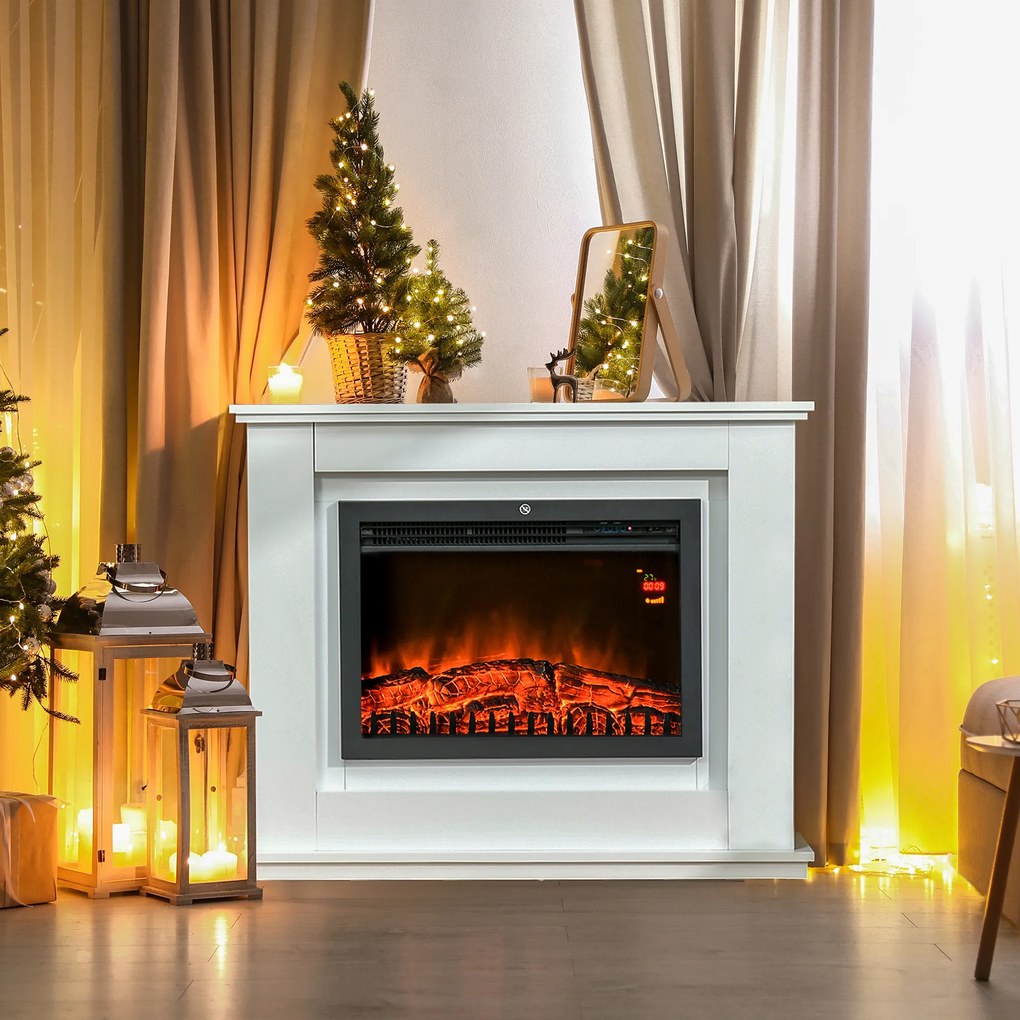 HOMCOM Elektryczny kominek, 3D LED płomienie, pilot, timer, MDF, Biały