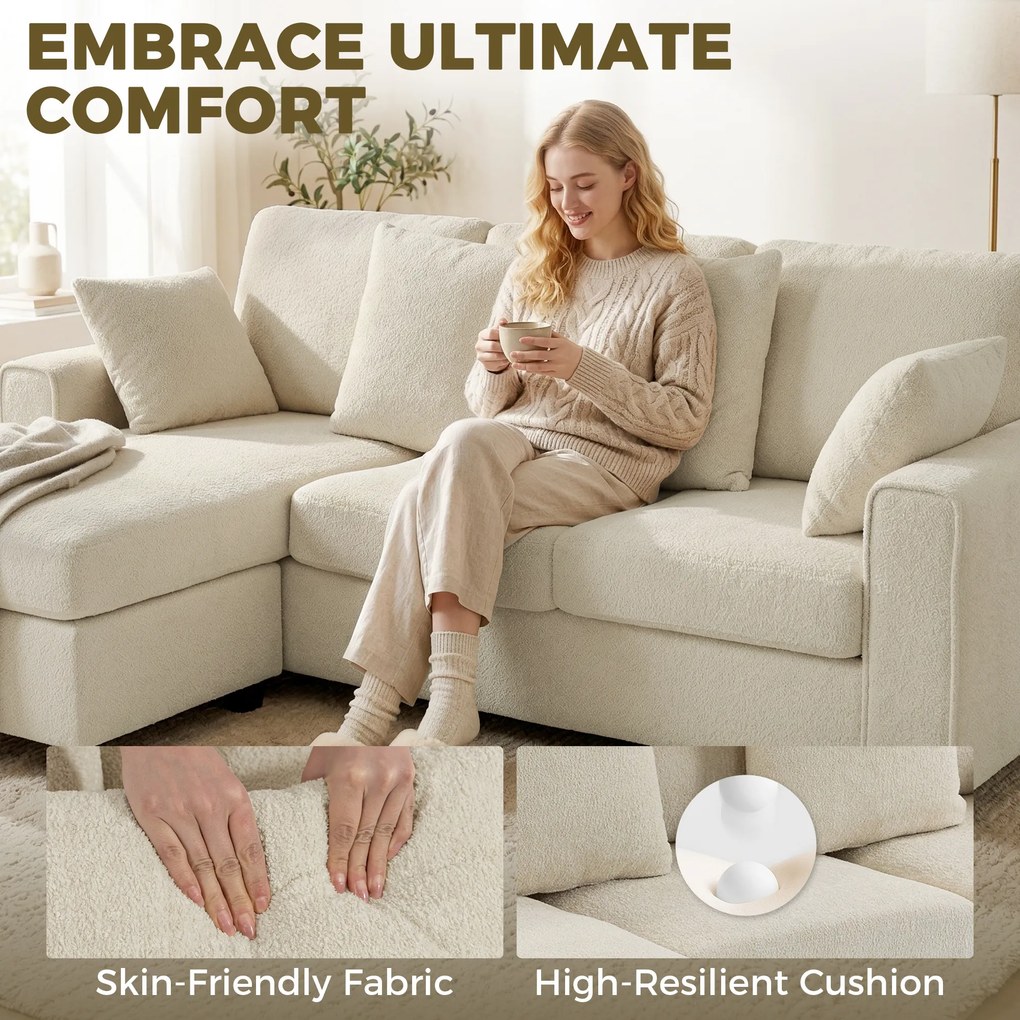 HOMCOM Narożna sofa z odwracalnym szezlongiem, 3-osobowa kanapa z aksamitnym wyglądem, szerokie i głębokie siedzisko, poduszki sprężynowe, beżowa | Aosom PL