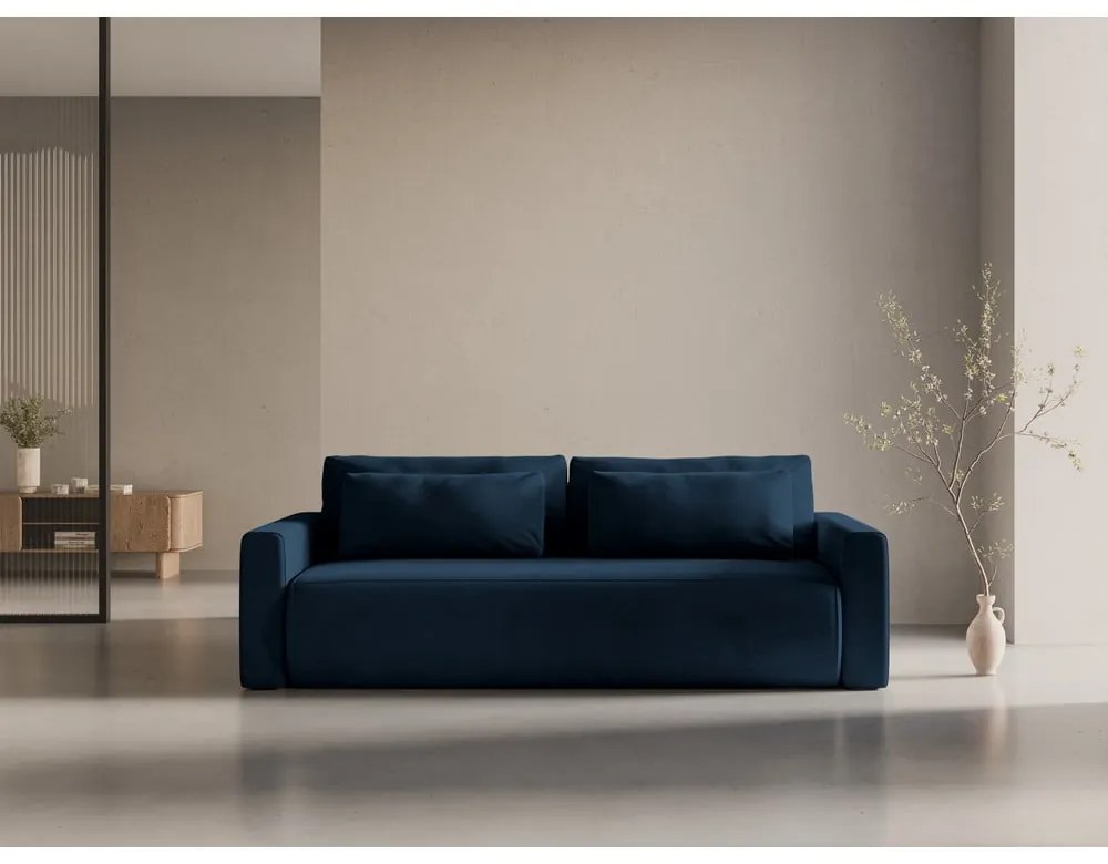 Ciemnoniebieska aksamitna rozkładana sofa ze schowkiem 238 cm Belfast – Cosmopolitan Design