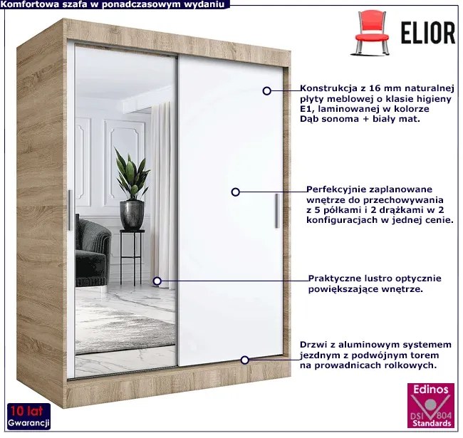 Szafa przesuwna z lustrem 150 cm dąb sonoma + biały - Seko 4X
