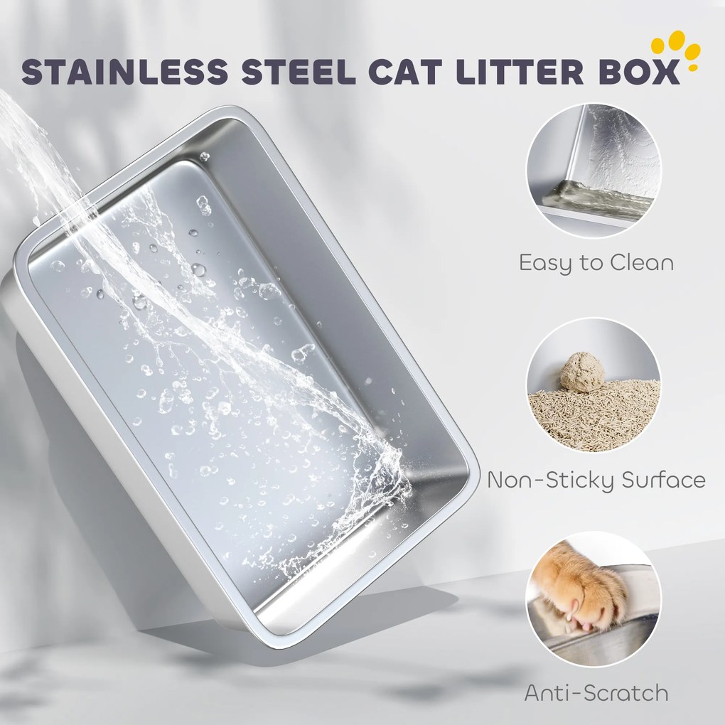 PawHut Kuweta dla kotów ze stali nierdzewnej, XL wnętrze, z łopatką, jasnoszara