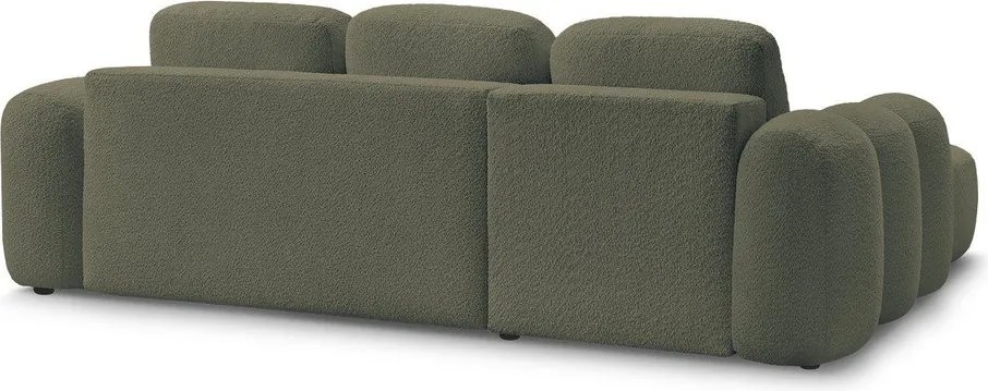 Zielony rozkładany narożnik z materiału bouclé ze schowkiem (lewostronny/z szezlongiem) Montaigne – Bobochic Paris