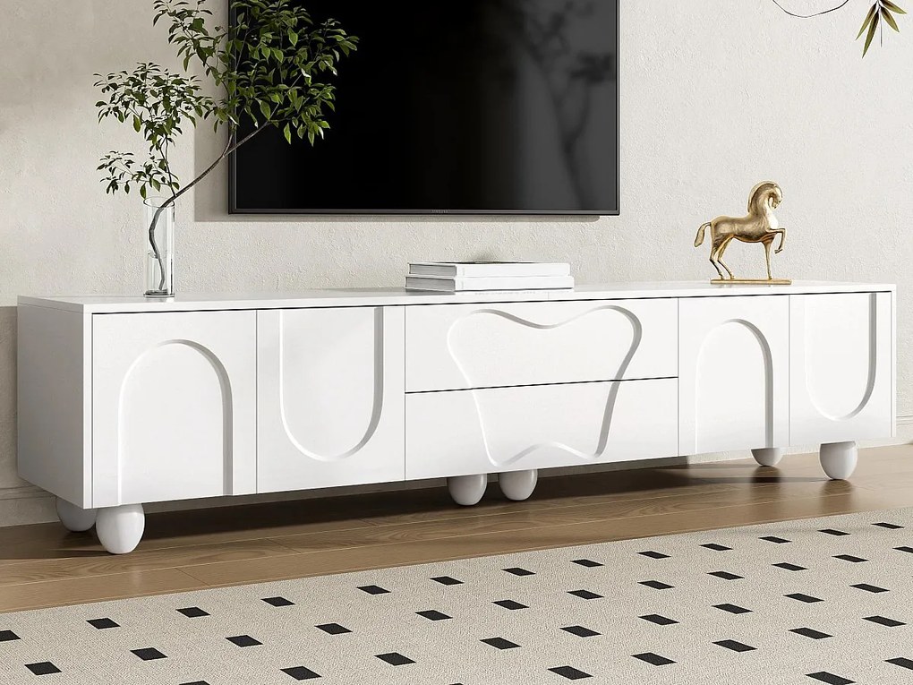 Szafa pod TV 180×40×42 cm - 2 szuflady i 4 drzwi - nogi z litego drewna - płyta wiórowa - biały