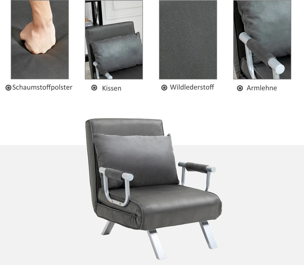 HOMCOM Rozkładany fotel z funkcją spania podłokietniki łóżko rozkładane łóżko dla gości szezlong 3 w 1 szary