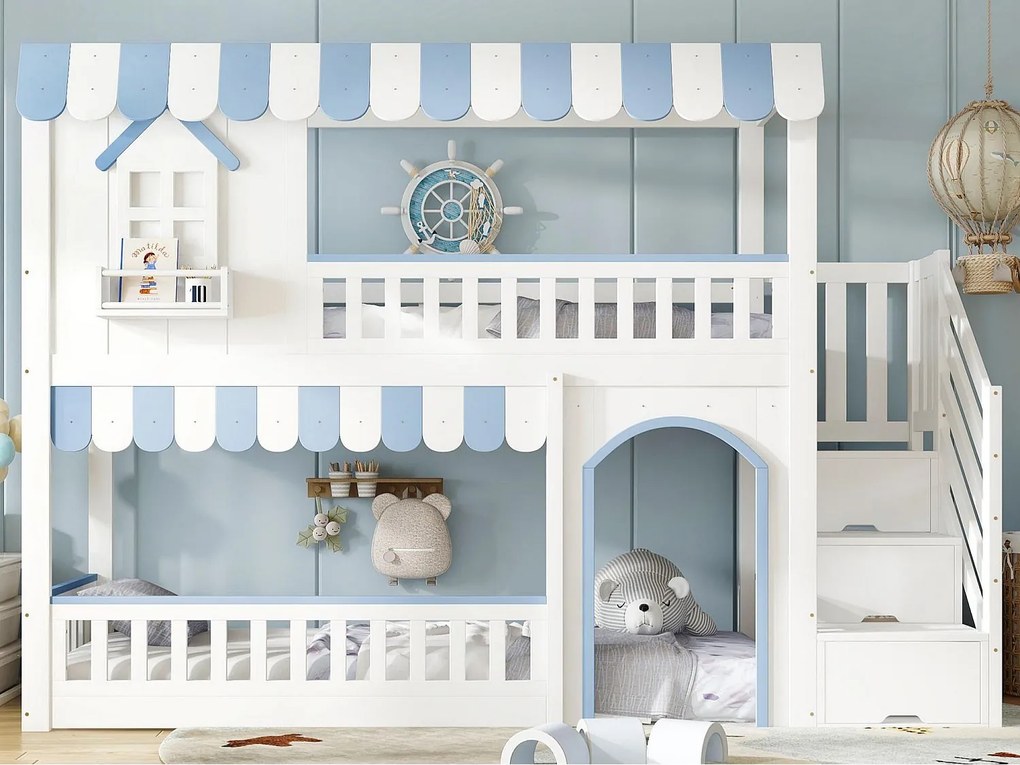 Łóżko na antresoli 90x200 cm - drabina z miejscem do przechowywania - z stelażem lamelowym - lite drewno + MDF - Biały + Niebieski​ (bez materaca)