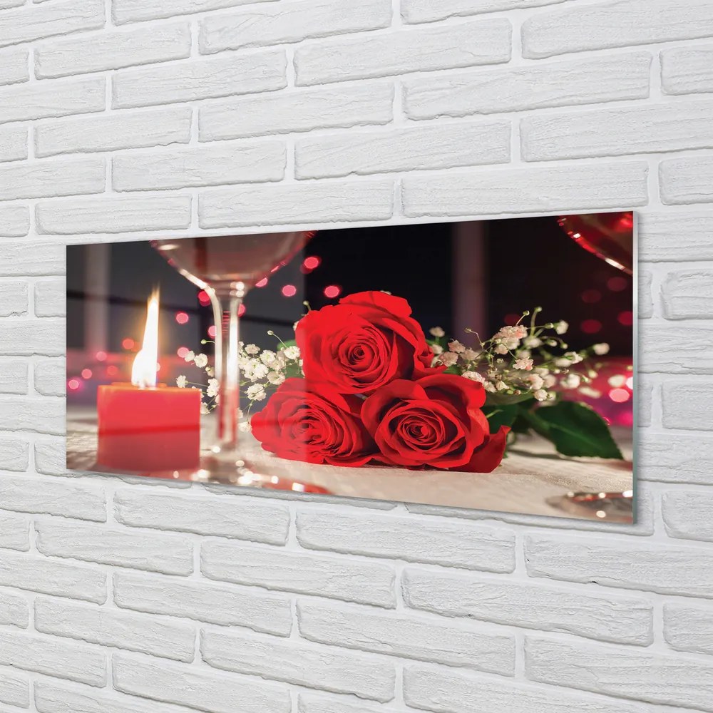 Szklany Panel Róże i Kieliszek przy Świecy