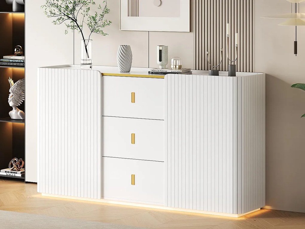 Bufet z LED - 2 drzwi z 4 regulowanymi półkami i 3 szufladami - Biały