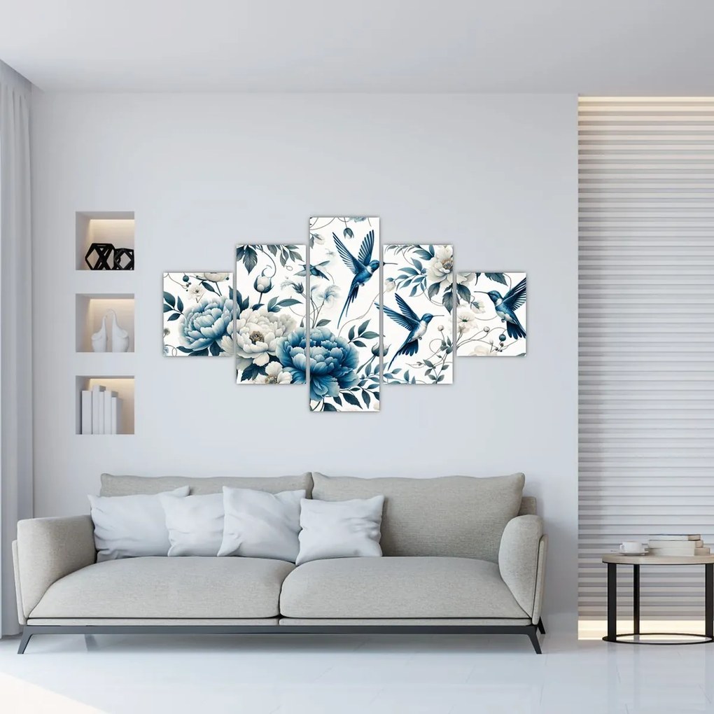 Obraz - Kolibry z kwiatami (125x70 cm)