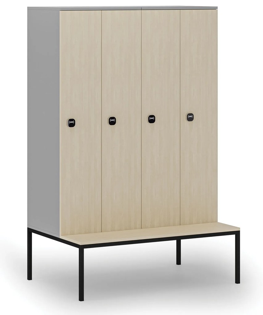 Drewniana szafa ubraniowa z ławką, 4-drzwiowa, 1871 x 1200 x 500/800 mm, demontaż, zamek RFID, szary/brzoza