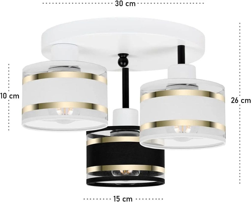 Lampa sufitowa biała trzypunktowa z czarno-białymi abażurami T-3030WE-