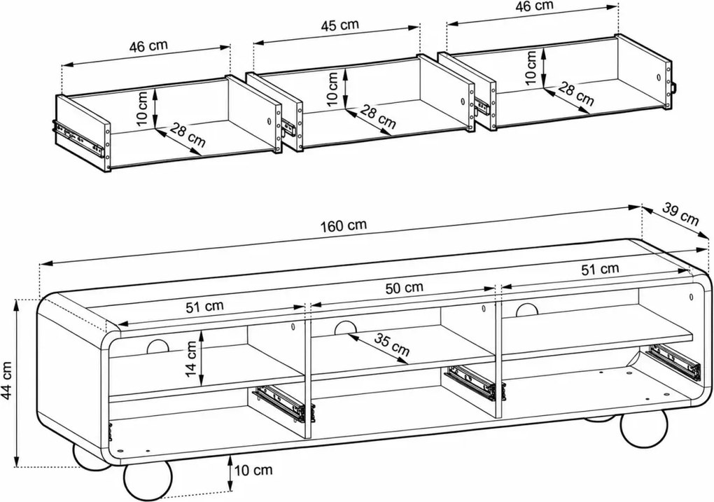 Nowoczesna szafka RTV 160 cm Lutario kaszmir – 3 szuflady, push to open